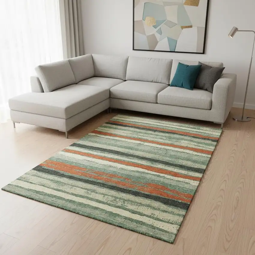 Sage Orange And Beige Striped Washable Area Rug With UV Protection Photo 2
