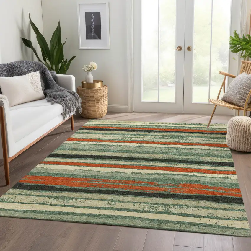 Sage Orange And Beige Striped Washable Area Rug With UV Protection Photo 5