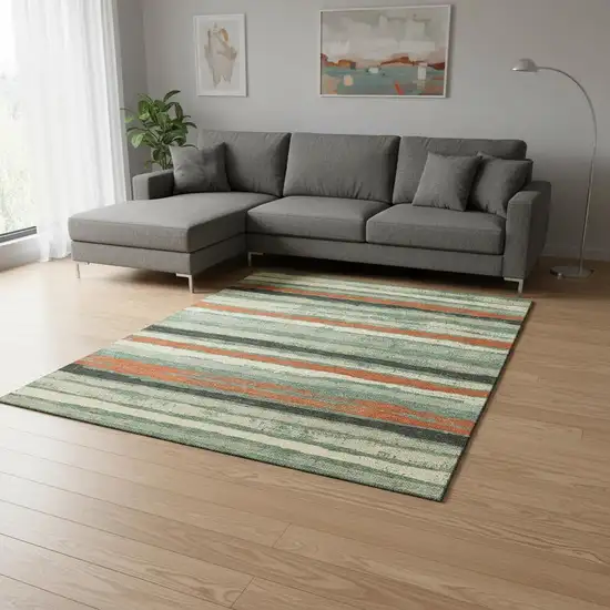 Sage Orange And Beige Striped Washable Area Rug With UV Protection Photo 2