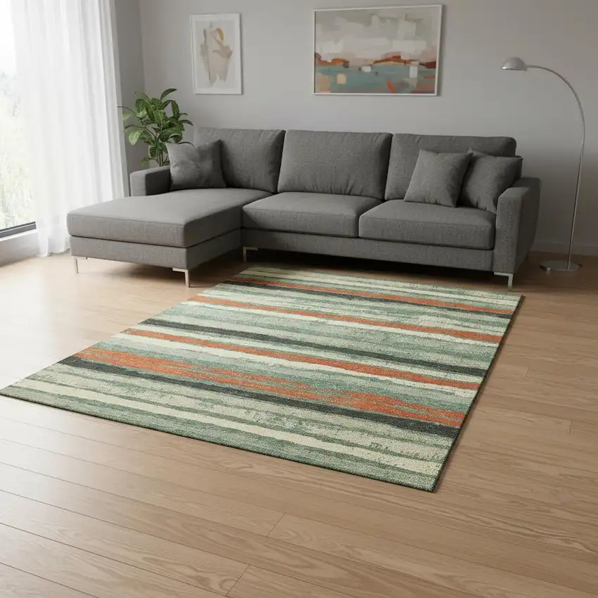 Sage Orange And Beige Striped Washable Area Rug With UV Protection Photo 2