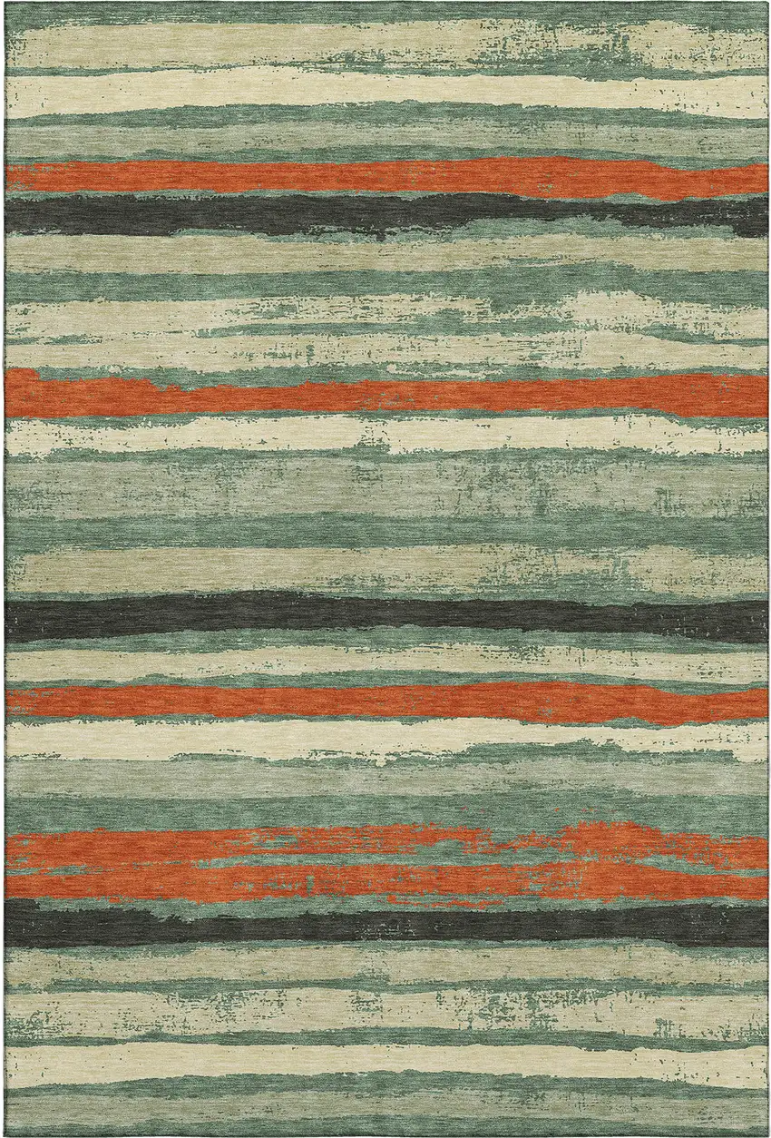 Sage Orange And Beige Striped Washable Area Rug With UV Protection Photo 1