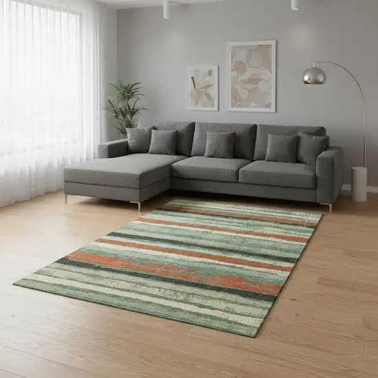 Sage Orange And Beige Striped Washable Area Rug With UV Protection Photo 2