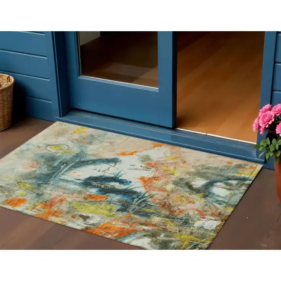 Sage Orange And Yellow Abstract Washable Indoor Outdoor Area Rug Photo 2
