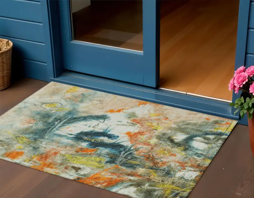 Sage Orange And Yellow Abstract Washable Indoor Outdoor Area Rug Photo 2