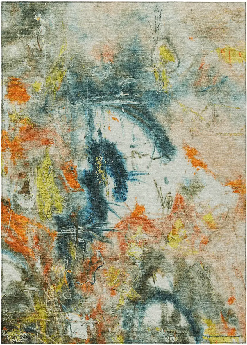 Sage Orange And Yellow Abstract Washable Indoor Outdoor Area Rug Photo 1