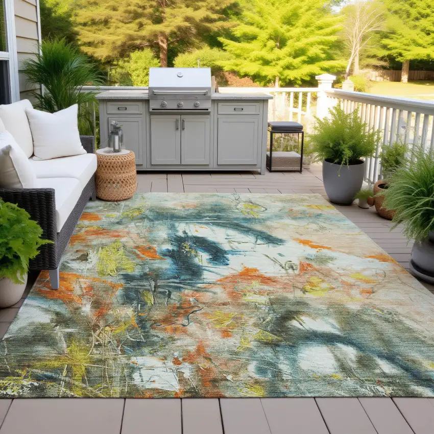 Sage Orange And Yellow Abstract Washable Indoor Outdoor Area Rug Photo 9