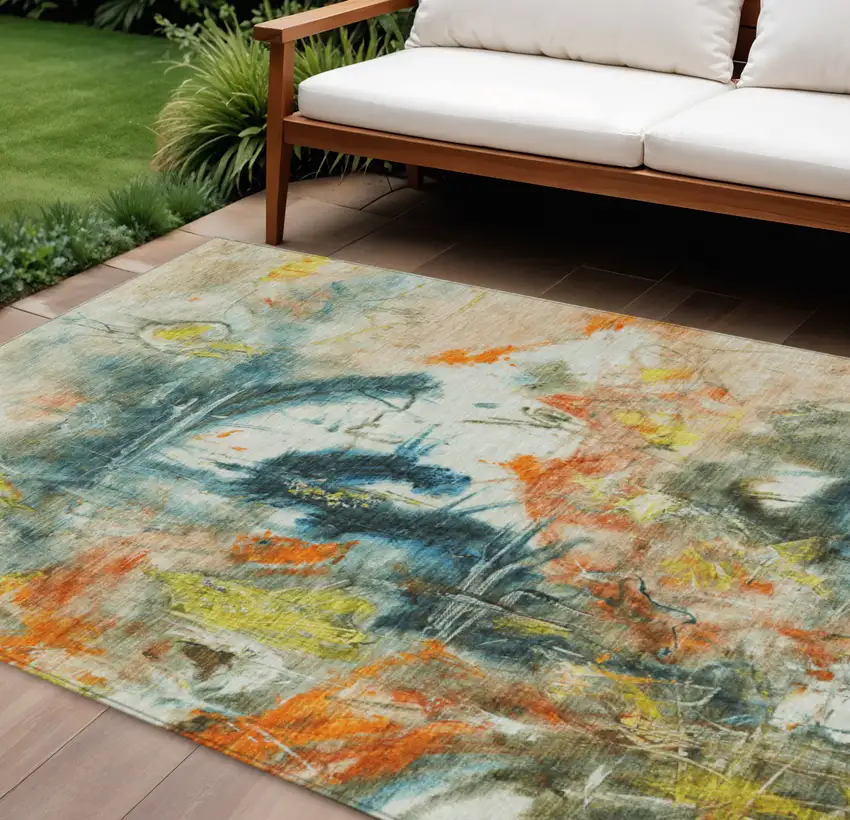 Sage Orange And Yellow Abstract Washable Indoor Outdoor Area Rug Photo 2