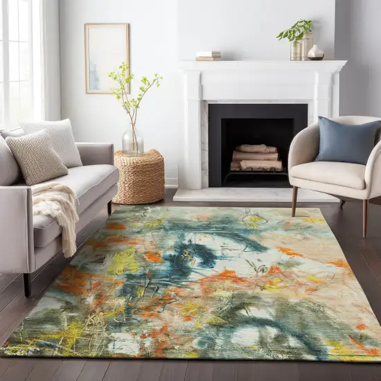 Sage Orange And Yellow Abstract Washable Indoor Outdoor Area Rug Photo 9
