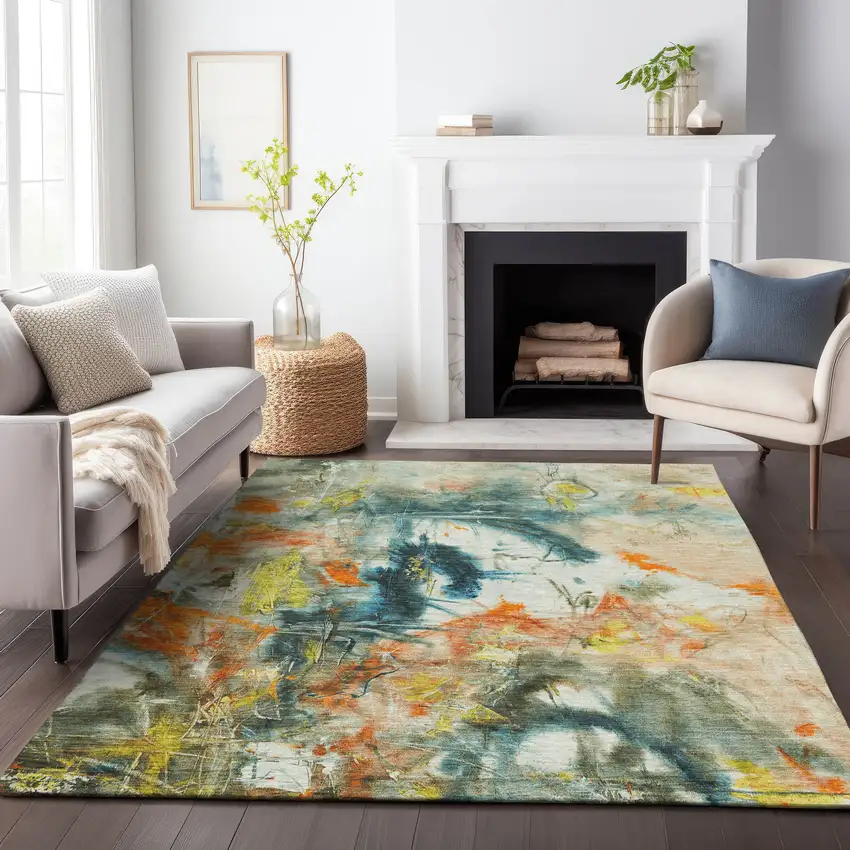 Sage Orange And Yellow Abstract Washable Indoor Outdoor Area Rug Photo 9