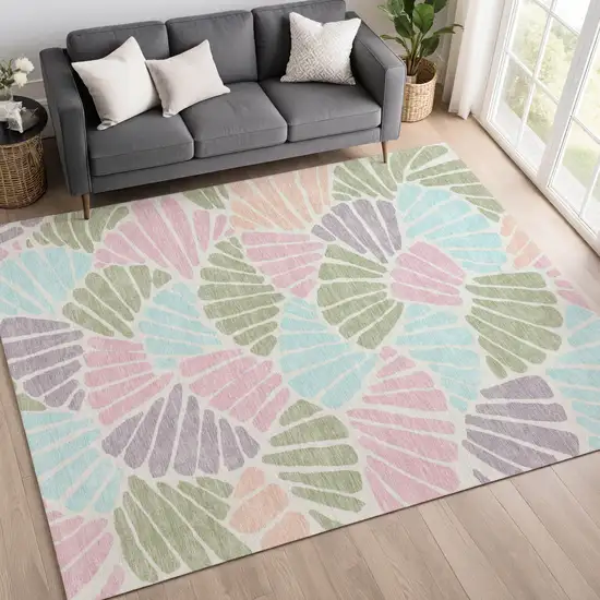 Sage Pink And Aqua Floral Washable Indoor Outdoor Area Rug Photo 5