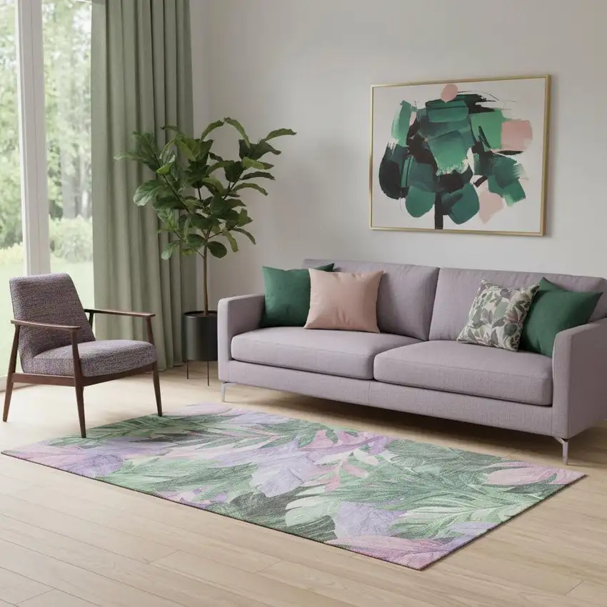 Sage Purple And Blush Floral Washable Area Rug With UV Protection Photo 2