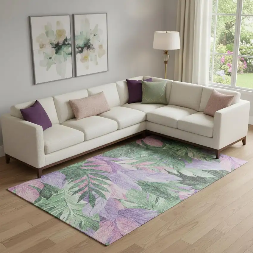 Sage Purple And Blush Floral Washable Area Rug With UV Protection Photo 1
