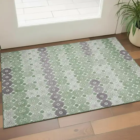 Sage Purple And Ivory Geometric Washable Area Rug With UV Protection Photo 2