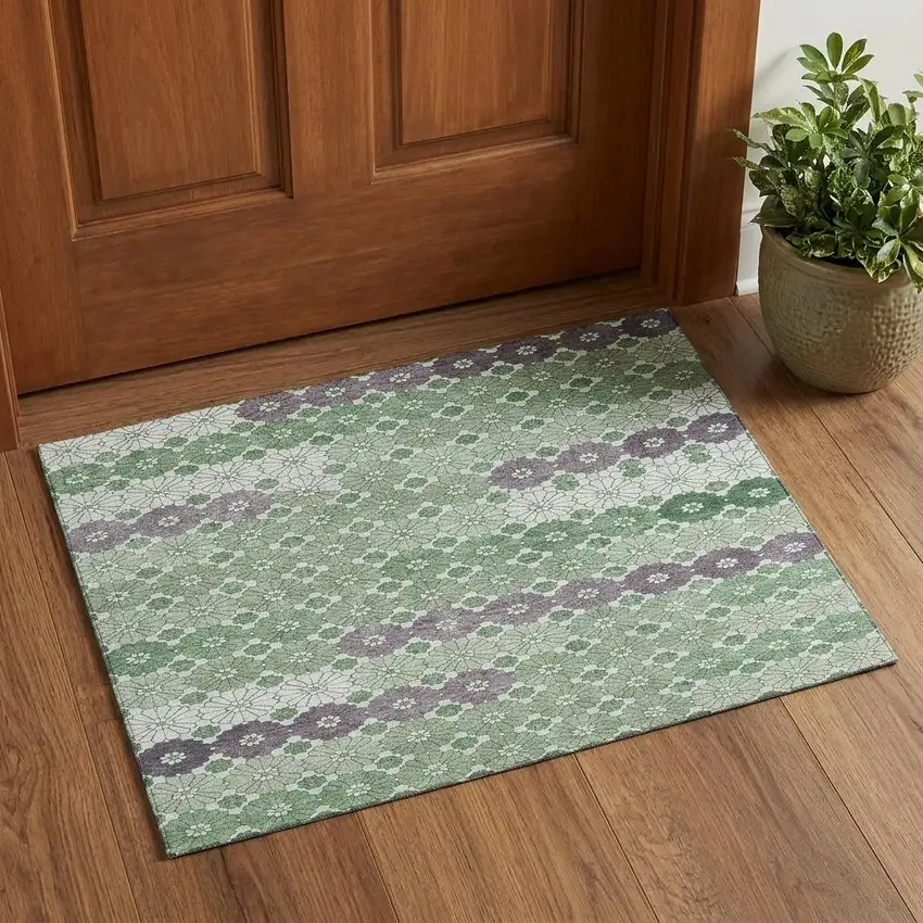 Sage Purple And Ivory Geometric Washable Area Rug With UV Protection Photo 1