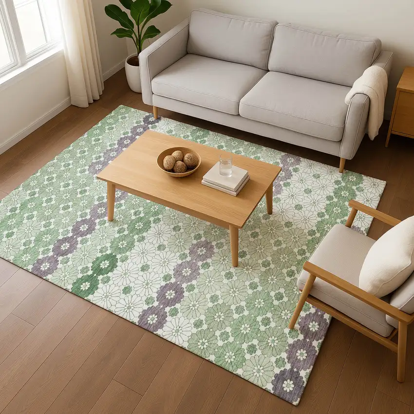 Sage Purple And Ivory Geometric Washable Area Rug With UV Protection Photo 5