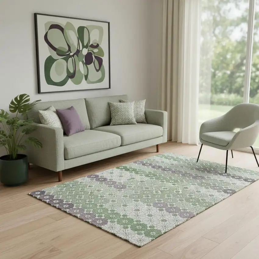 Sage Purple And Ivory Geometric Washable Area Rug With UV Protection Photo 2