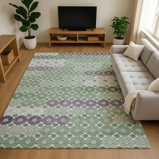 Sage Purple And Ivory Geometric Washable Area Rug With UV Protection Photo 4