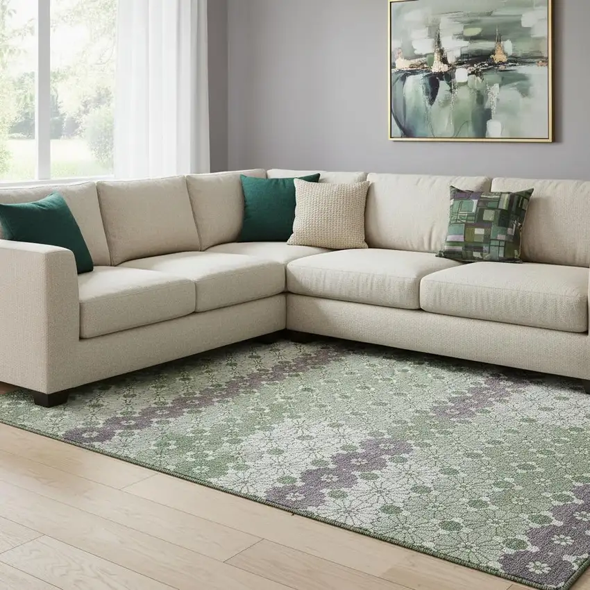 Sage Purple And Ivory Geometric Washable Area Rug With UV Protection Photo 2