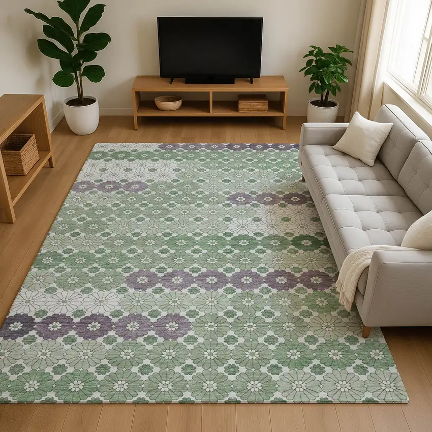 Sage Purple And Ivory Geometric Washable Area Rug With UV Protection Photo 4
