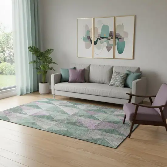 Sage Purple And Ivory Geometric Washable Area Rug With UV Protection Photo 2