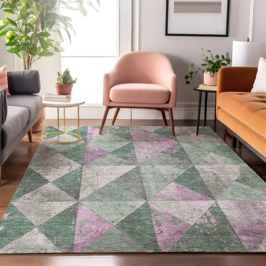 Sage Purple And Ivory Geometric Washable Area Rug With UV Protection Photo 5