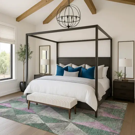 Sage Purple And Ivory Geometric Washable Area Rug With UV Protection Photo 4