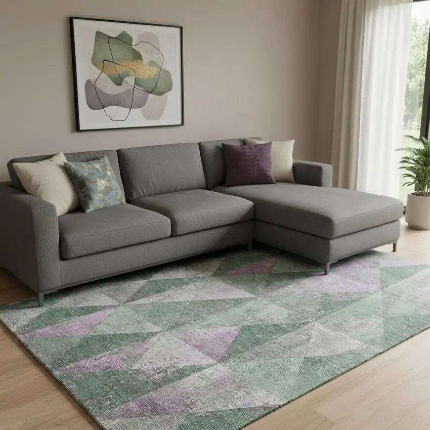 Sage Purple And Ivory Geometric Washable Area Rug With UV Protection Photo 2