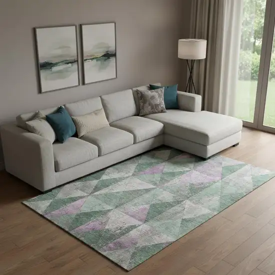 Sage Purple And Ivory Geometric Washable Area Rug With UV Protection Photo 2