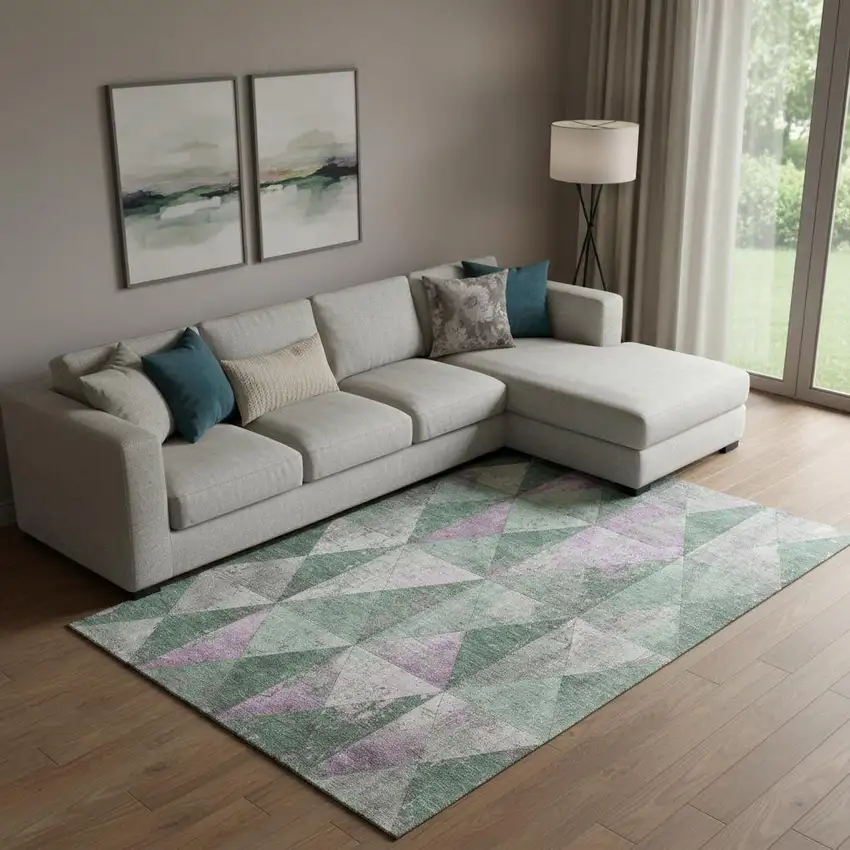 Sage Purple And Ivory Geometric Washable Area Rug With UV Protection Photo 2