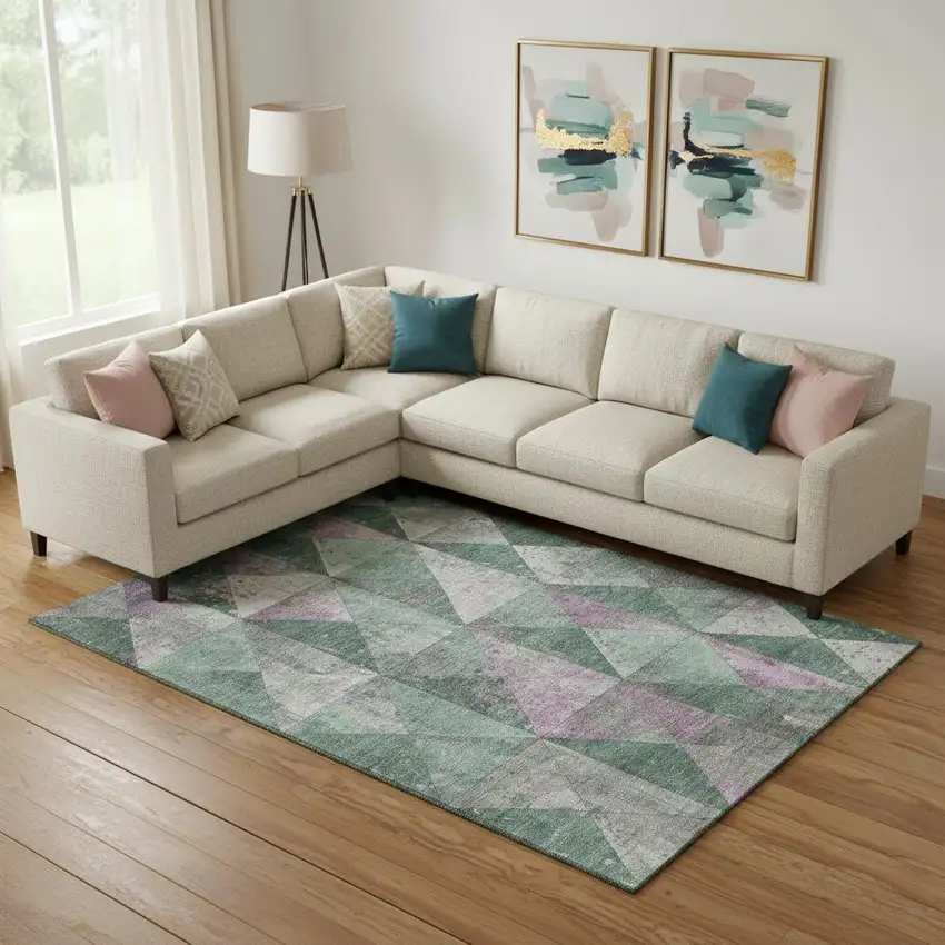 Sage Purple And Ivory Geometric Washable Area Rug With UV Protection Photo 2