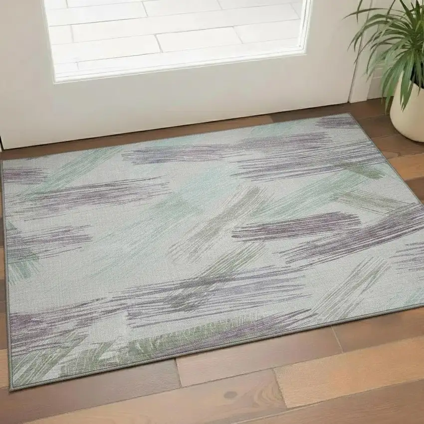 Sage Purple And Ivory Striped Washable Area Rug With UV Protection Photo 2