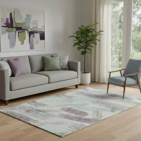 Sage Purple And Ivory Striped Washable Area Rug With UV Protection Photo 2