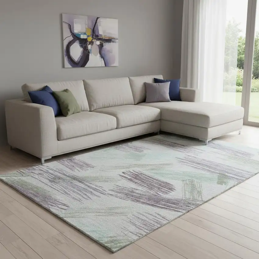 Sage Purple And Ivory Striped Washable Area Rug With UV Protection Photo 2