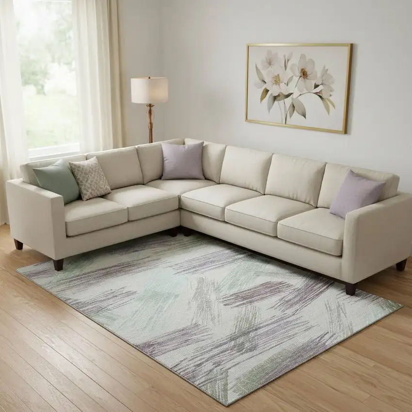 Sage Purple And Ivory Striped Washable Area Rug With UV Protection Photo 2