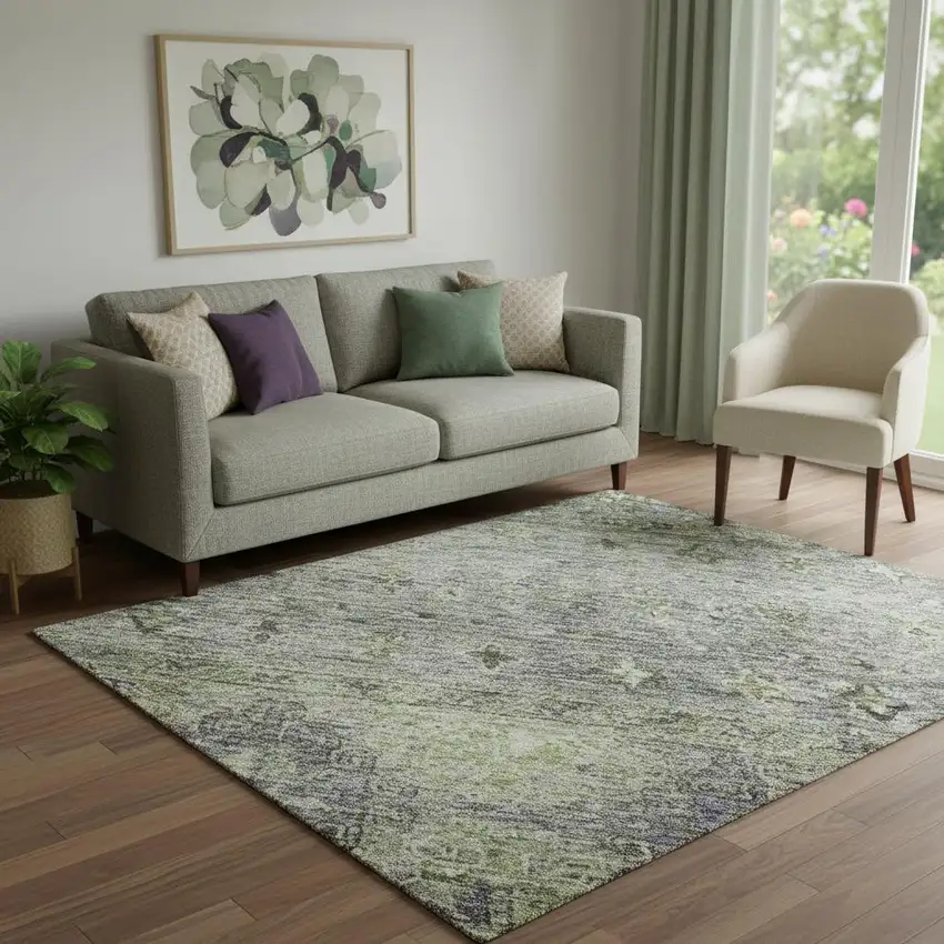 Sage Silver And Purple Tribal Washable Area Rug With UV Protection Photo 2