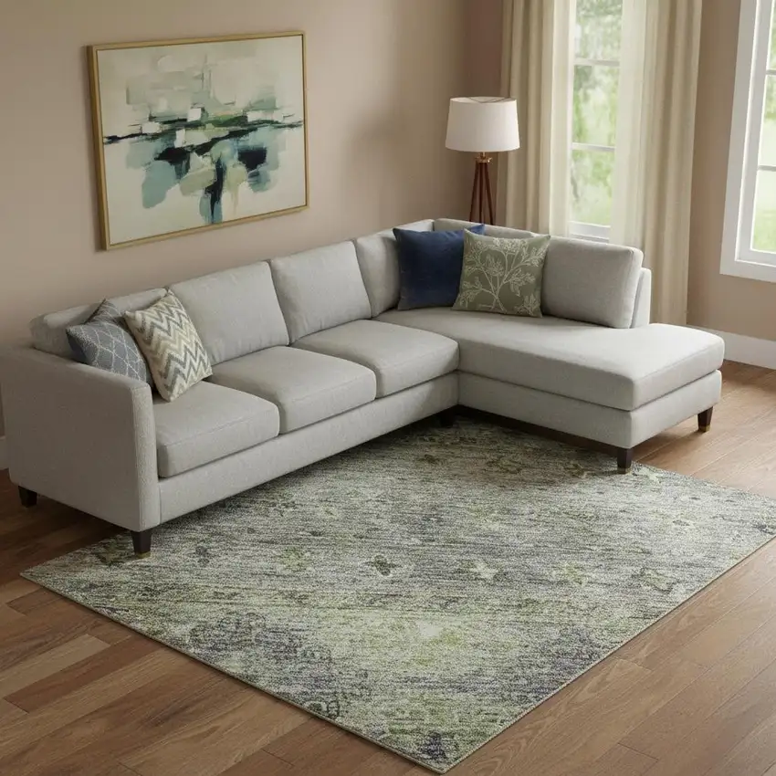 Sage Silver And Purple Tribal Washable Area Rug With UV Protection Photo 2