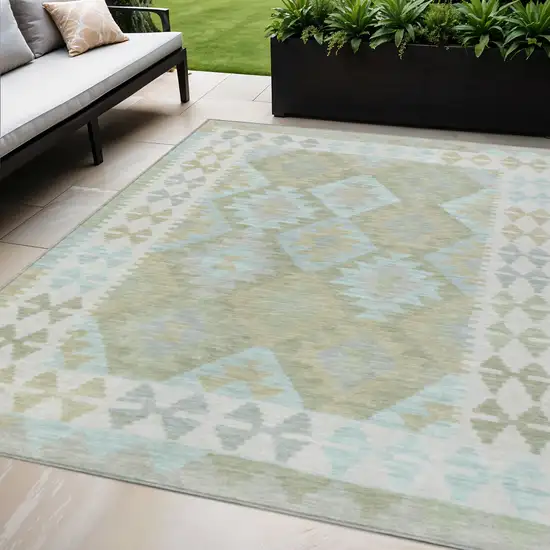 Sage Sky Blue And Copper Tribal Washable Indoor Outdoor Area Rug Photo 2