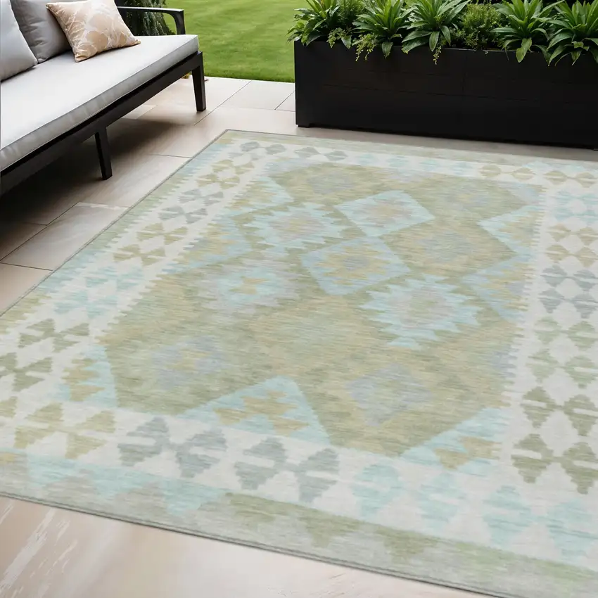 Sage Sky Blue And Copper Tribal Washable Indoor Outdoor Area Rug Photo 2
