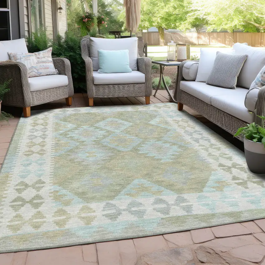 Sage Sky Blue And Copper Tribal Washable Indoor Outdoor Area Rug Photo 5