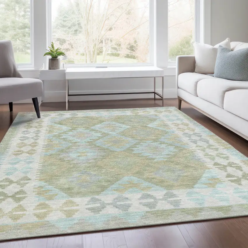 Sage Sky Blue And Copper Tribal Washable Indoor Outdoor Area Rug Photo 7