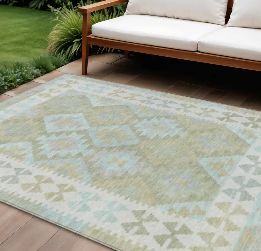Sage Sky Blue And Copper Tribal Washable Indoor Outdoor Area Rug Photo 2