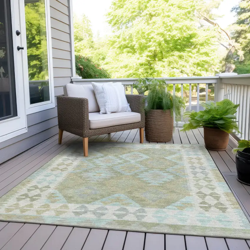 Sage Sky Blue And Copper Tribal Washable Indoor Outdoor Area Rug Photo 8
