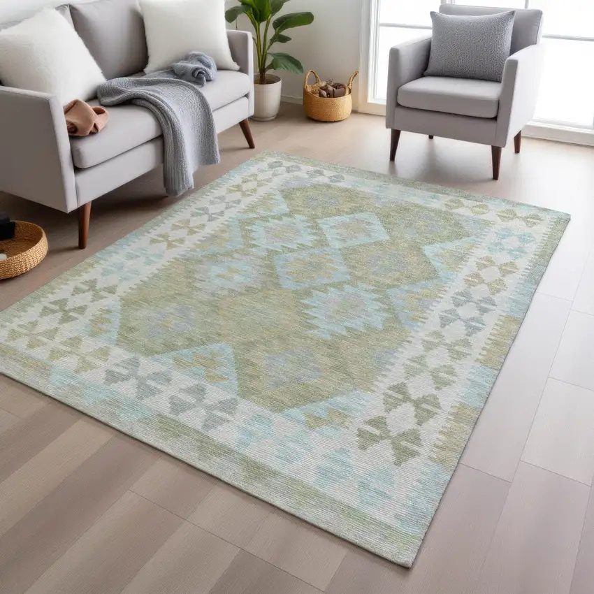 Sage Sky Blue And Copper Tribal Washable Indoor Outdoor Area Rug Photo 6