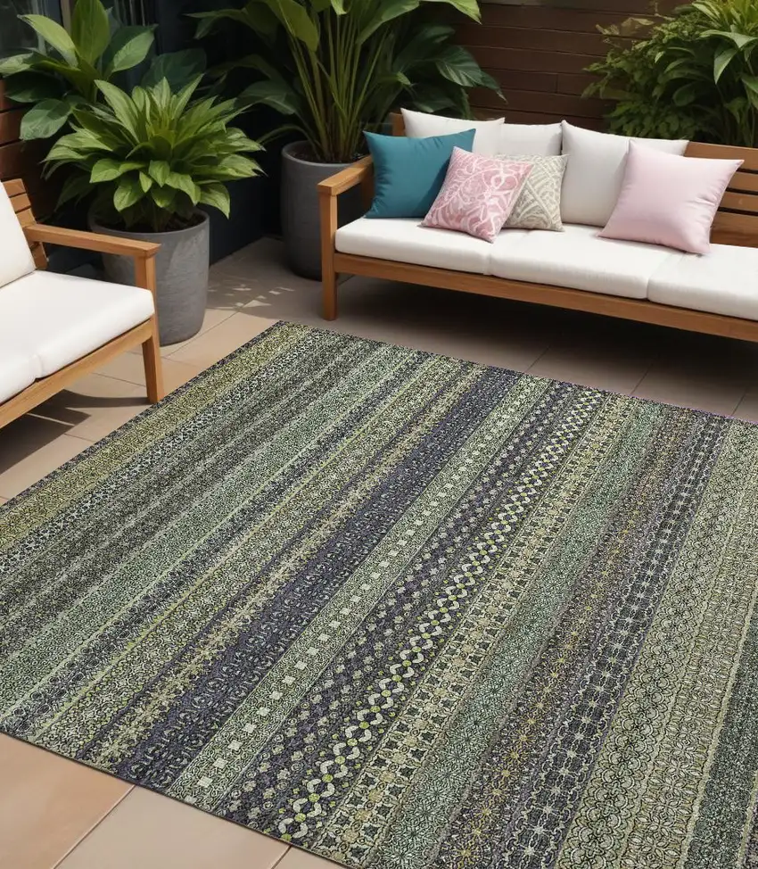 Sage Striped Washable Non Skid Indoor Outdoor Area Rug Photo 1