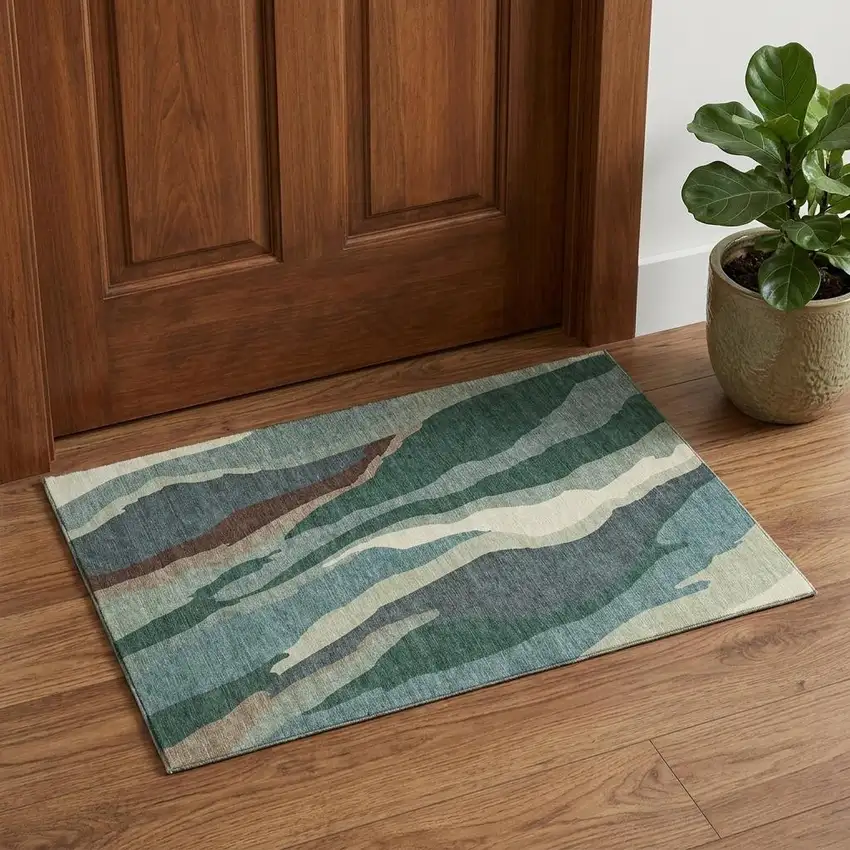 Sage Taupe And Beige Abstract Washable Area Rug With UV Protection Photo 1