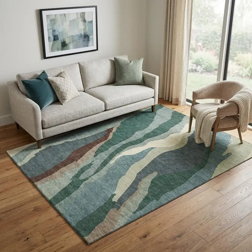 Sage Taupe And Beige Abstract Washable Area Rug With UV Protection Photo 1