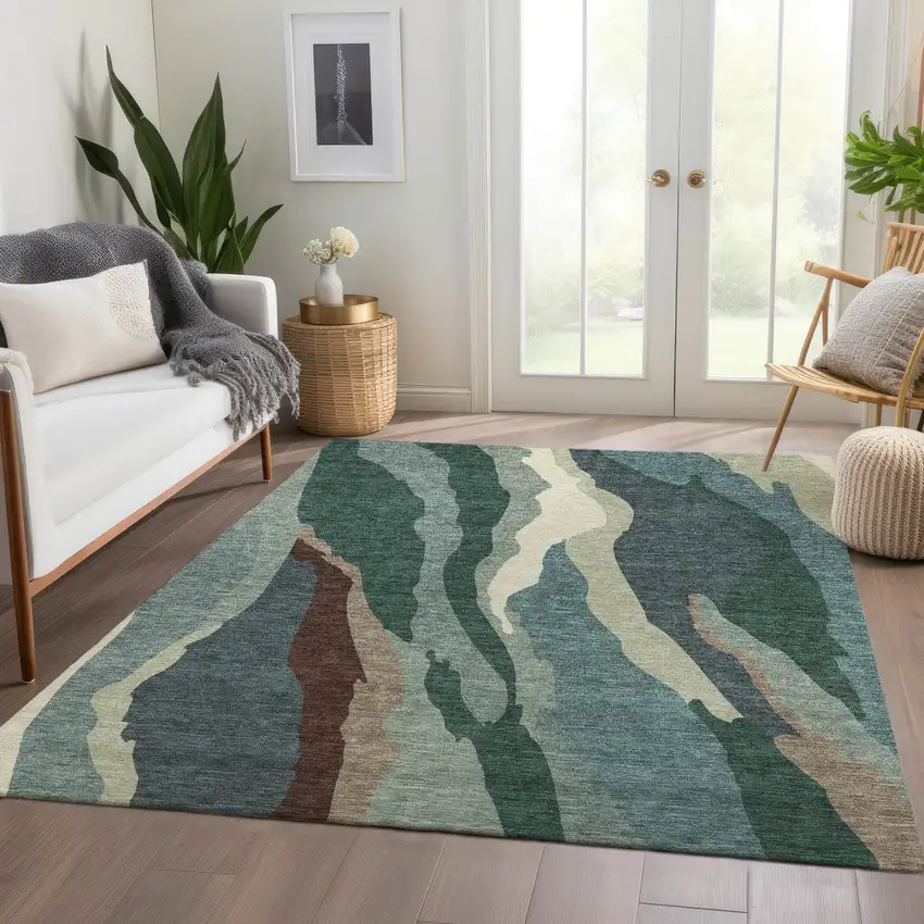 Sage Taupe And Beige Abstract Washable Area Rug With UV Protection Photo 4