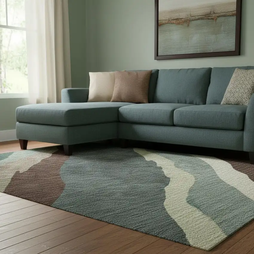 Sage Taupe And Beige Abstract Washable Area Rug With UV Protection Photo 2