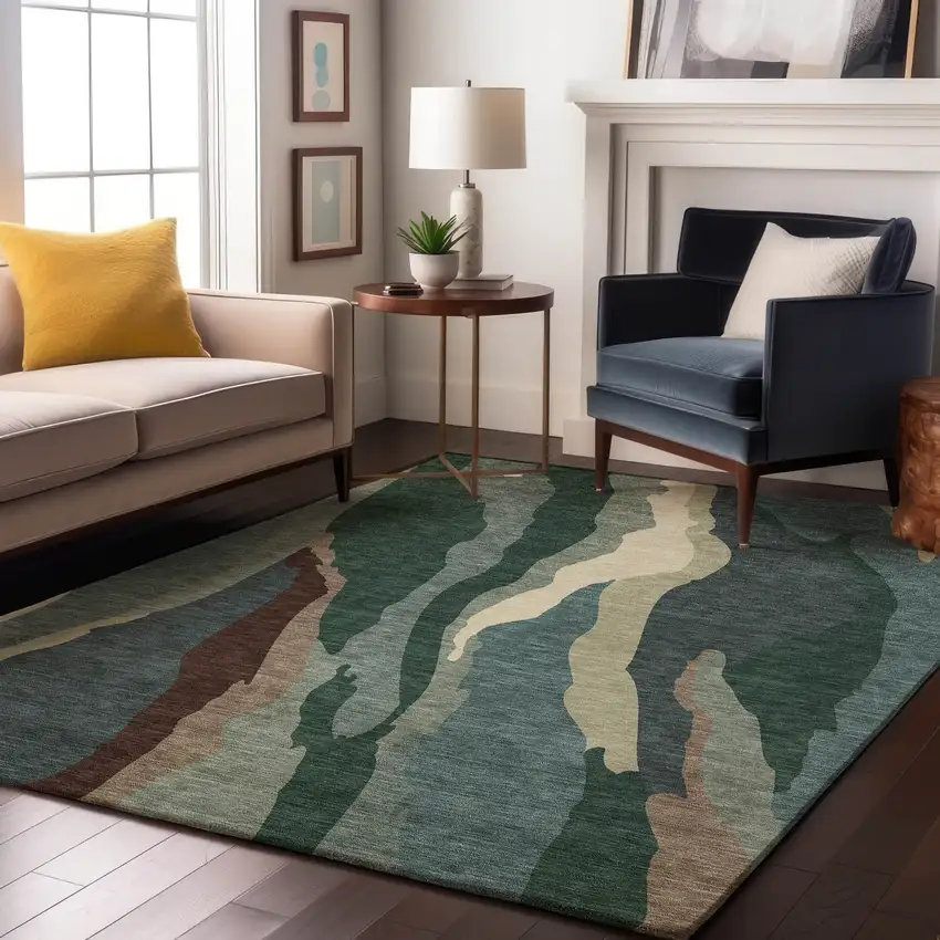 Sage Taupe And Beige Abstract Washable Area Rug With UV Protection Photo 3