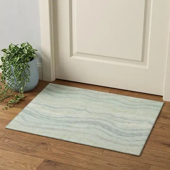 Sage Taupe And Ivory Striped Washable Area Rug With UV Protection Photo 1